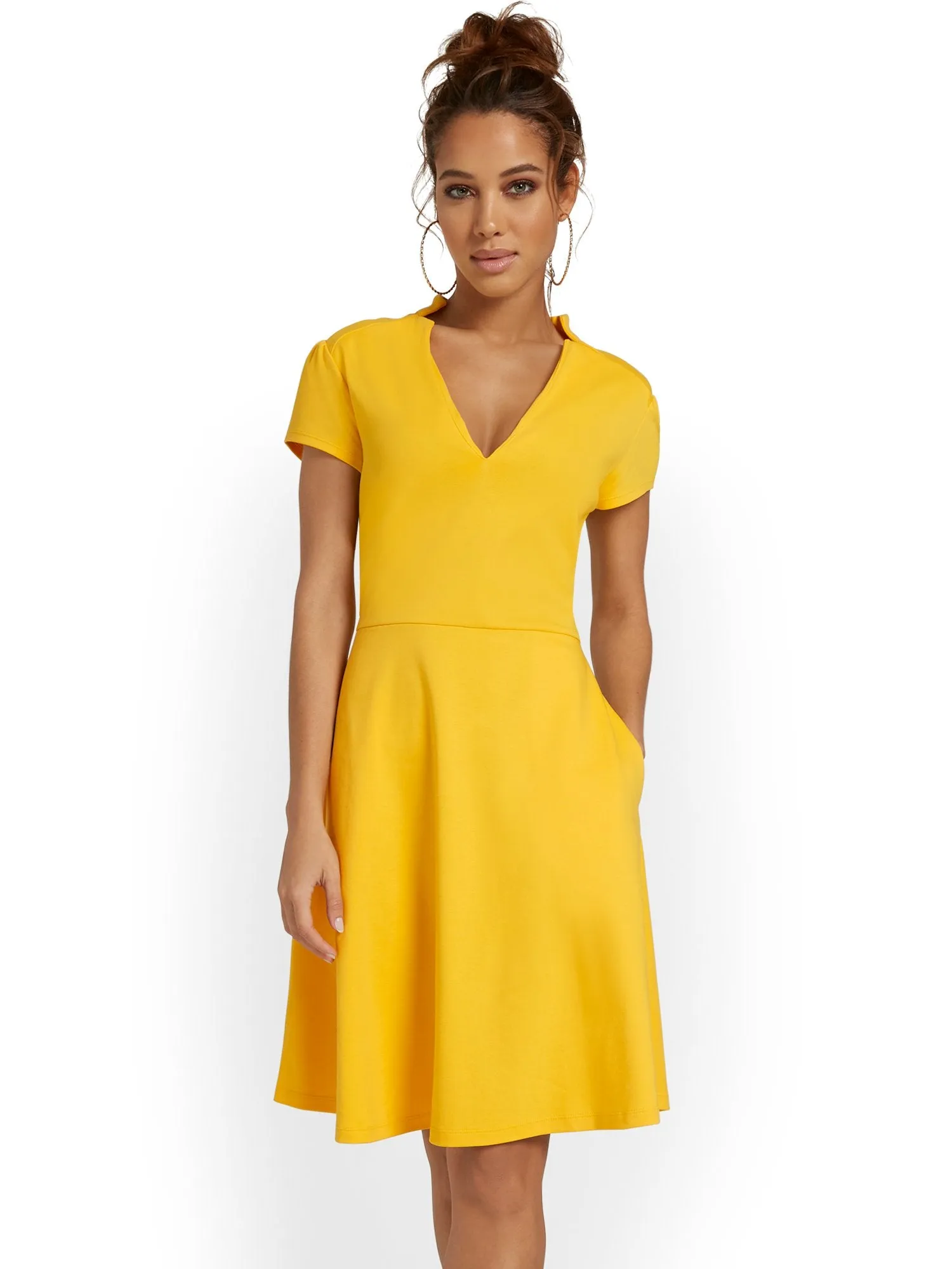 Petite Split-Neck Puff-Sleeve Flare Dress - City Knits