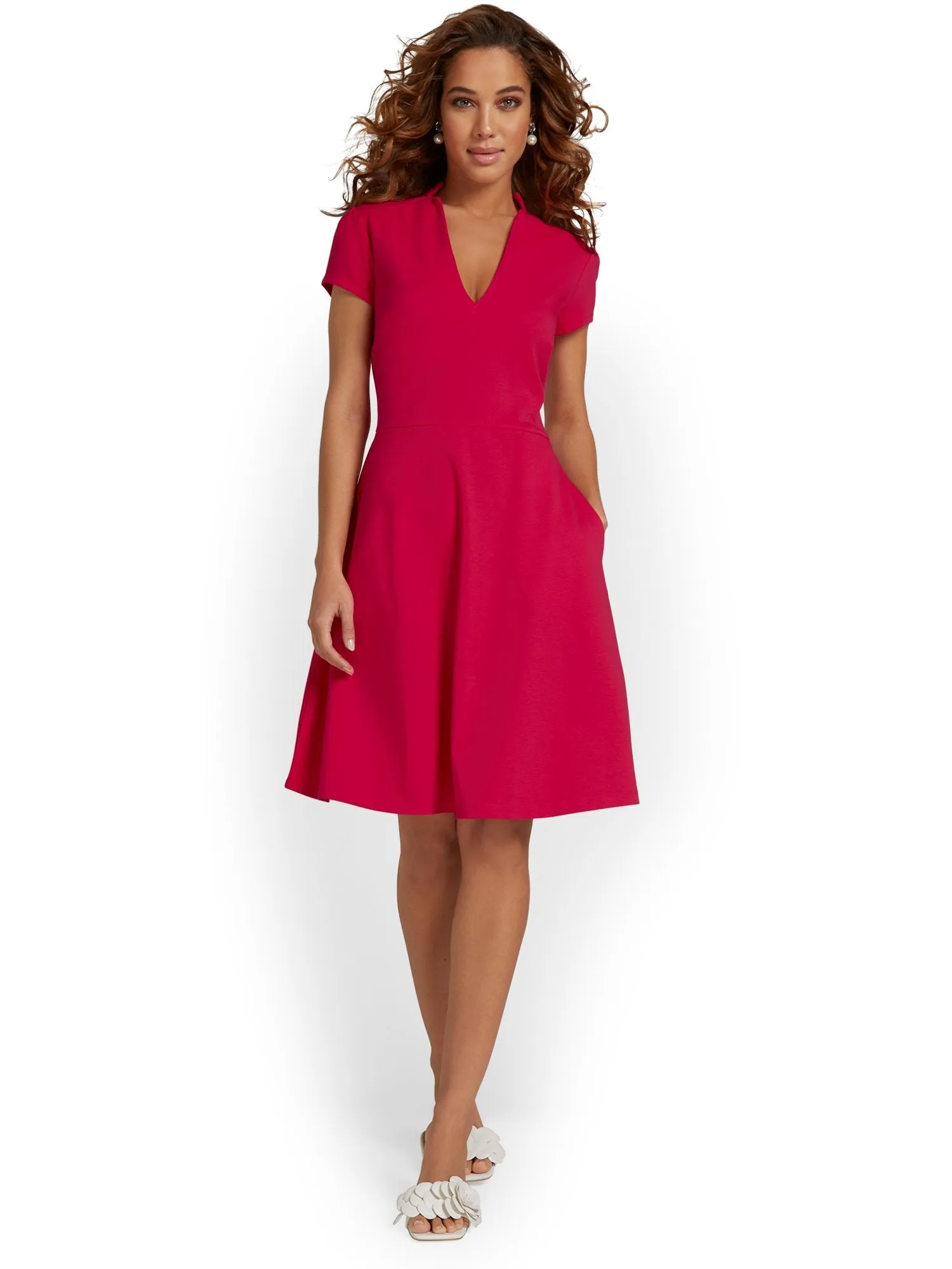 Petite Split-Neck Puff-Sleeve Flare Dress - City Knits