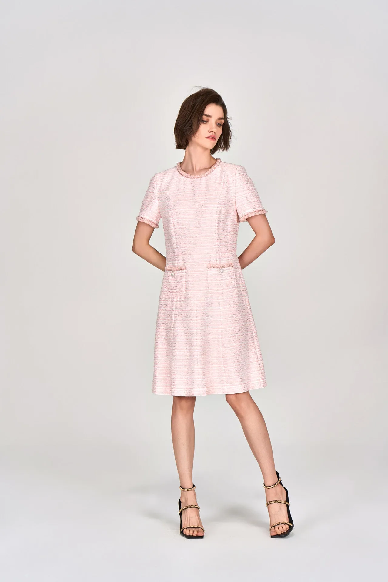 Pink Embellished Flared Tweed Dress