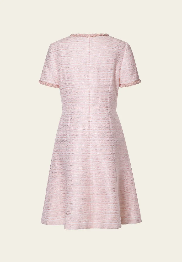 Pink Embellished Flared Tweed Dress