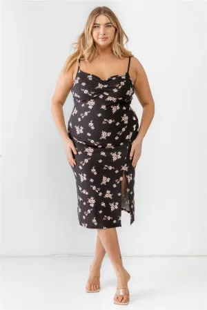 Plus Size Floral Ribbed Ruched Sleeveless Black Midi Dress