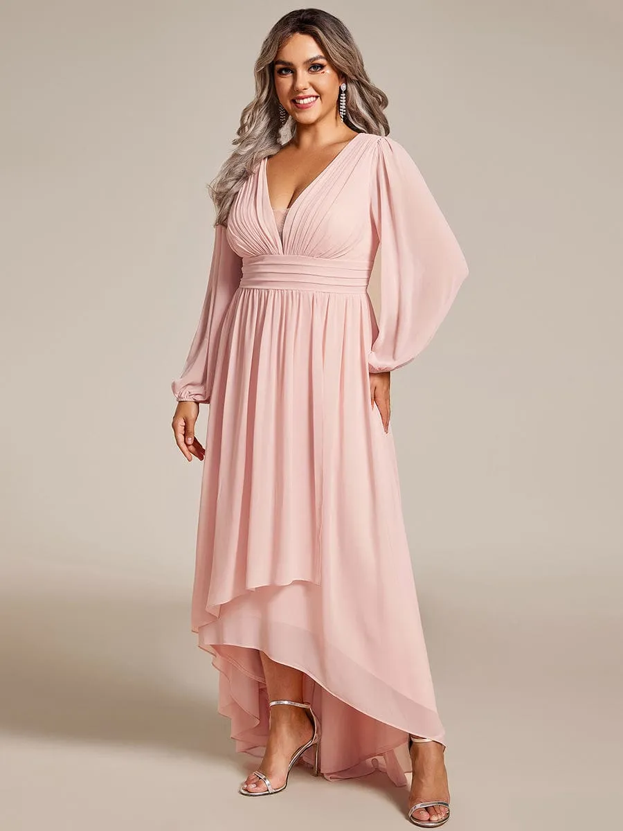 Plus Size V-Neck Long Lantern Sleeves A-Line Chiffon Bridesmaid Dress