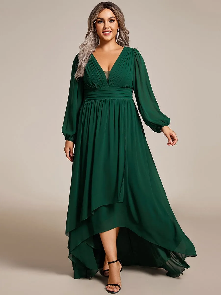 Plus Size V-Neck Long Lantern Sleeves A-Line Chiffon Bridesmaid Dress