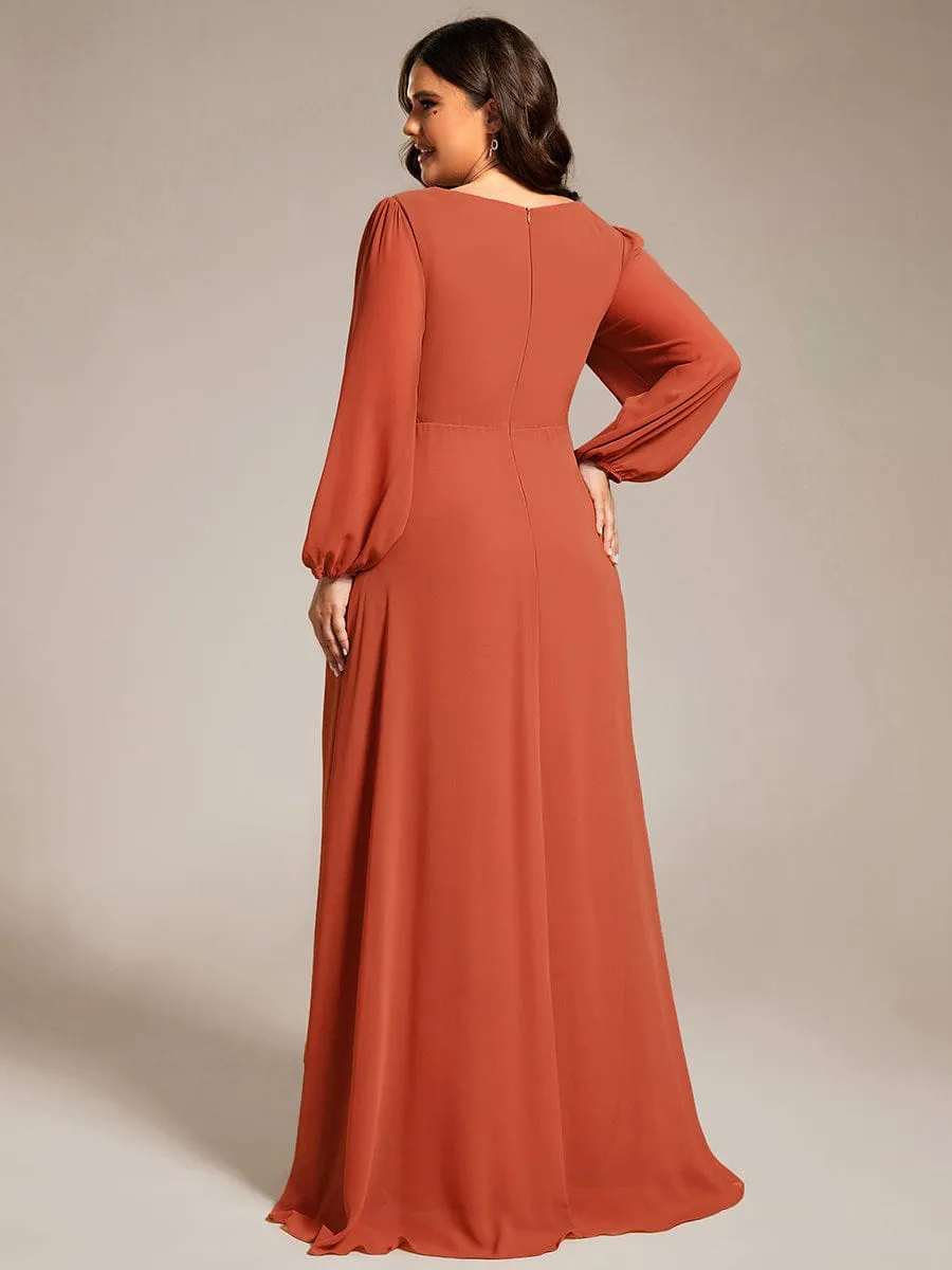 Plus Size V-Neck Long Lantern Sleeves A-Line Chiffon Bridesmaid Dress