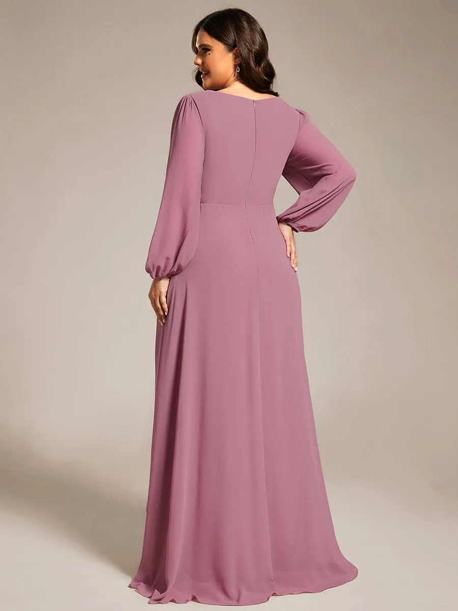 Plus Size V-Neck Long Lantern Sleeves A-Line Chiffon Bridesmaid Dress