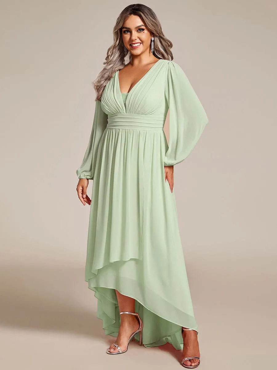 Plus Size V-Neck Long Lantern Sleeves A-Line Chiffon Bridesmaid Dress