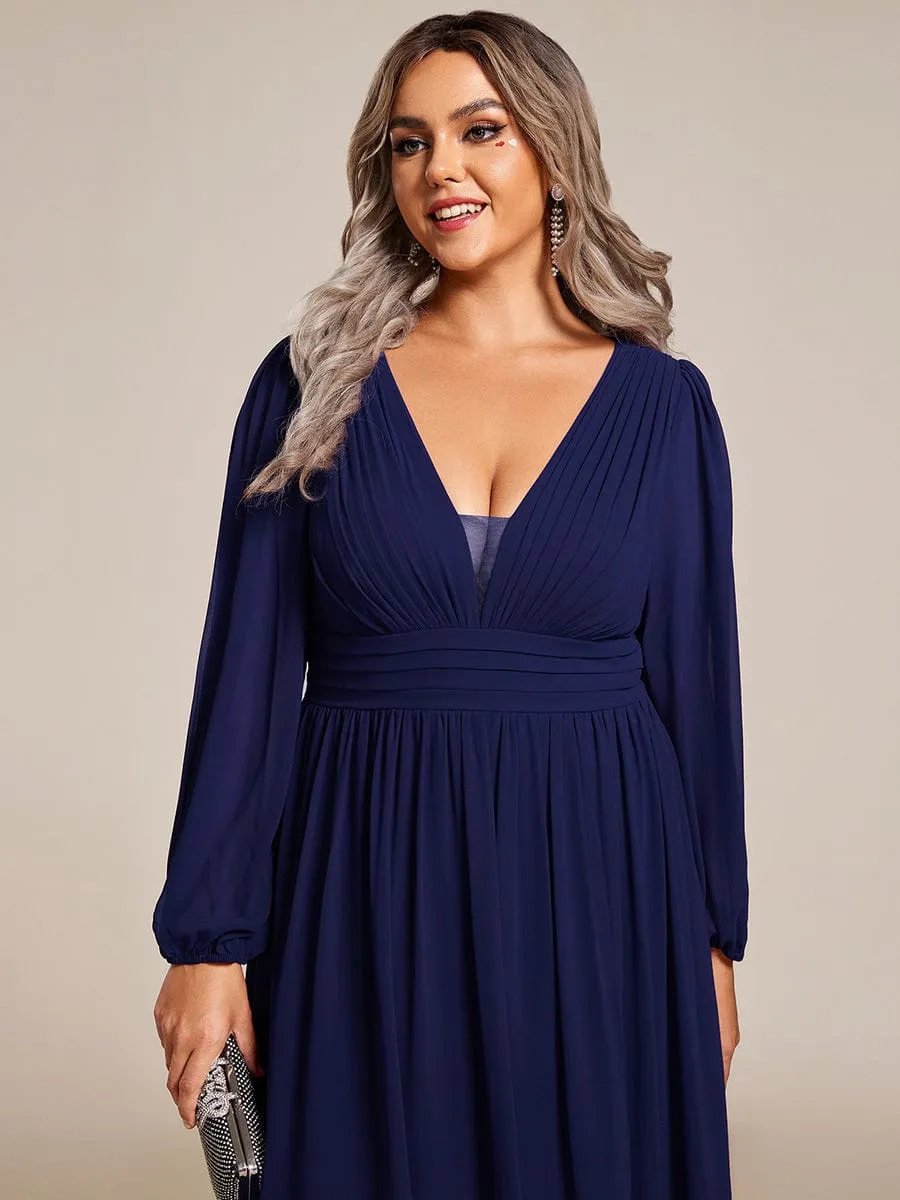 Plus Size V-Neck Long Lantern Sleeves A-Line Chiffon Bridesmaid Dress