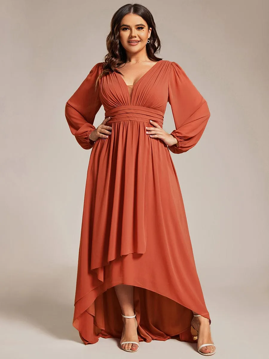 Plus Size V-Neck Long Lantern Sleeves A-Line Chiffon Bridesmaid Dress