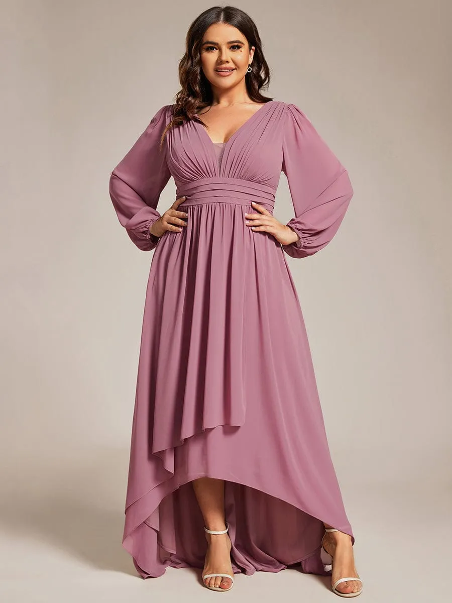 Plus Size V-Neck Long Lantern Sleeves A-Line Chiffon Bridesmaid Dress