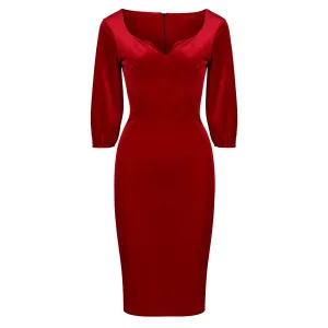 Red Velour Diamond Neckline 3/4 Sleeve Vintage Wiggle Dress