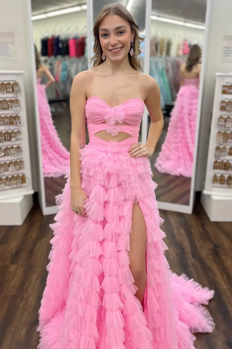 Reyna |Ball Gown Sweetheart Pink Tiered Printed Tulle Prom Dress