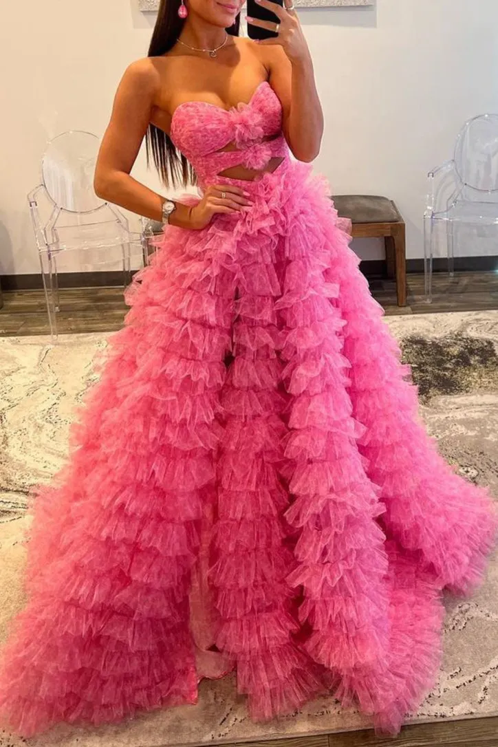 Reyna |Ball Gown Sweetheart Pink Tiered Printed Tulle Prom Dress