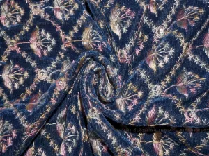 Royal Blue Thread Embroidered Velvet Fabric