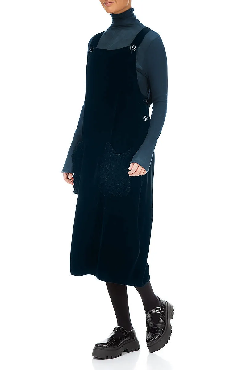 Ruched Pockets Midnight Blue Silk Velvet Dungaree Dress