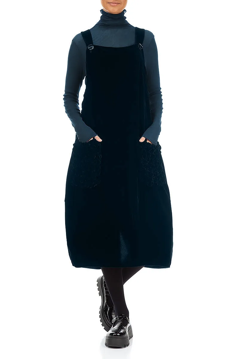 Ruched Pockets Midnight Blue Silk Velvet Dungaree Dress