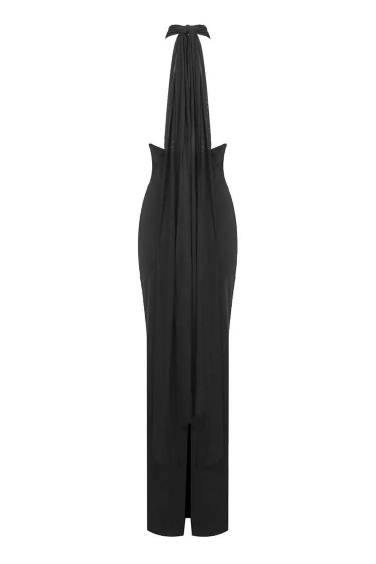 Sexy Sheer Mesh Plunge Halter Wrap Tie Draped Sheath Evening Maxi Dress