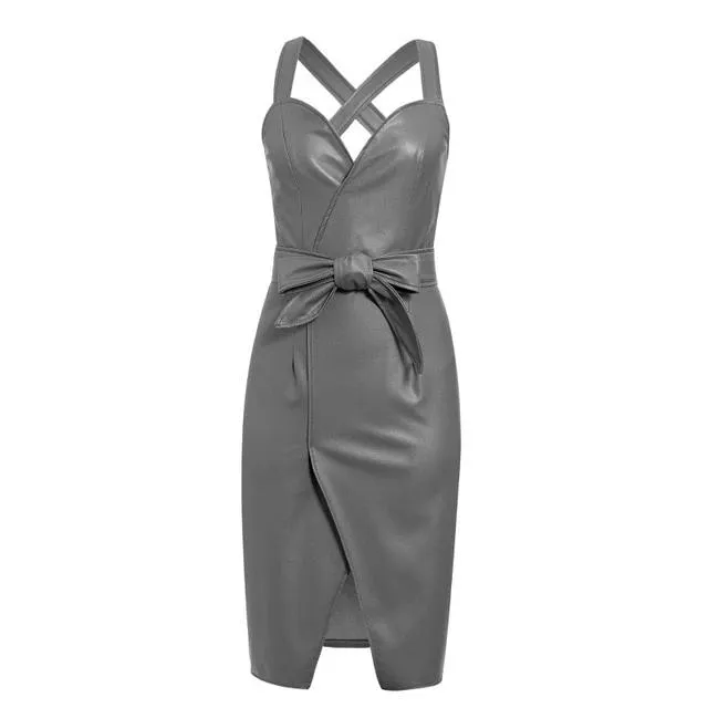 Sexy V-neck PU Leather Sleeveless High Waist Elegant Party Dress