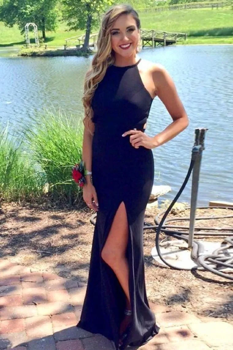 Sheath Long Black Front Split Simple Cheap Prom Dresses Party Dresses