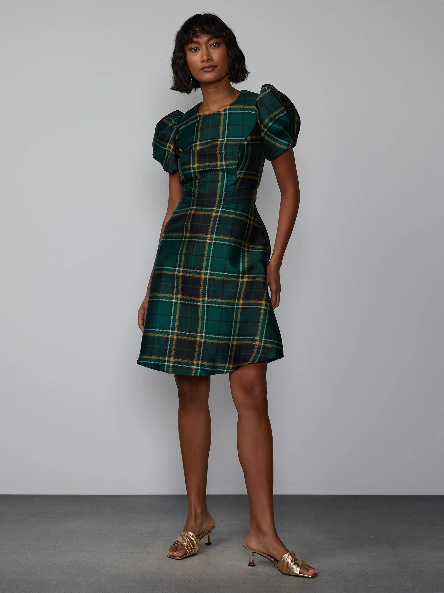 Short Puff Sleeve Plaid Dress