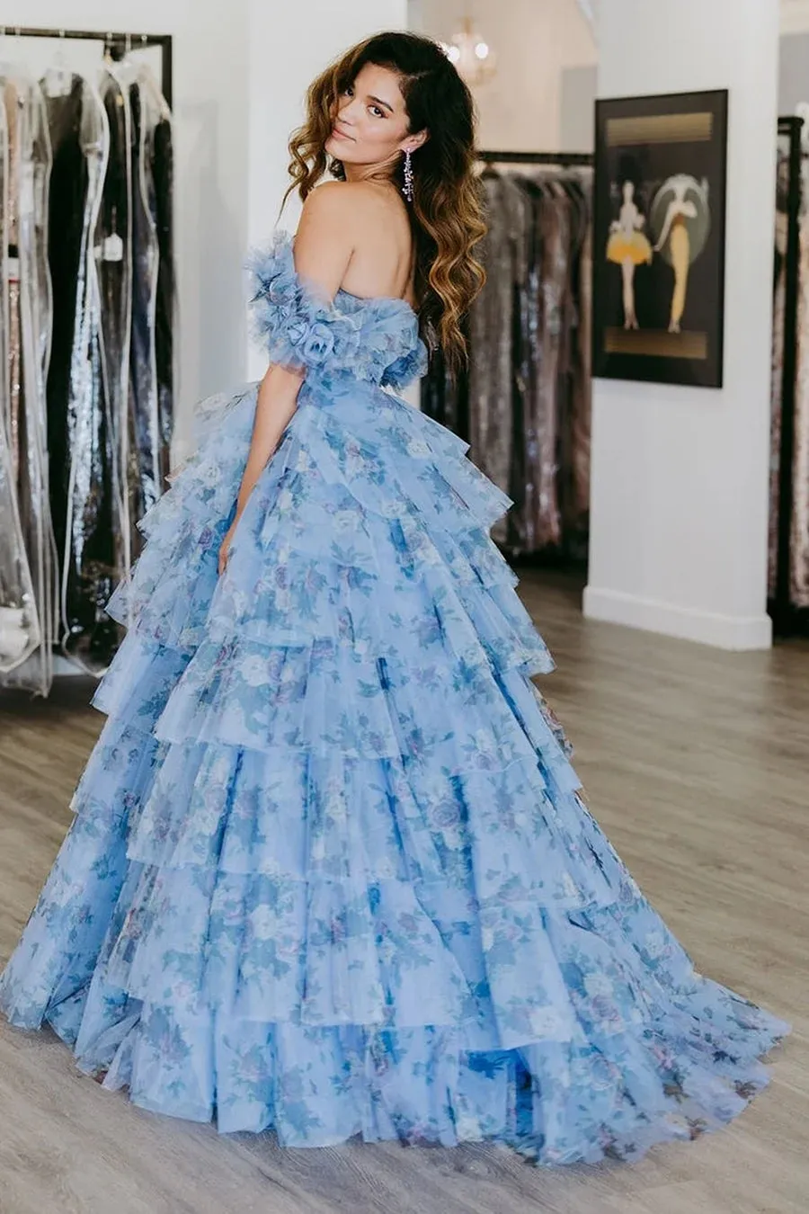 Sigourney | Blue Floral Tiered A-Line Long Prom Dress with Ruffles