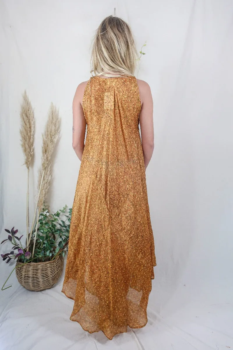 Siren Maxi Dress - Honey Suckle and Cinnamon Ornate Motif - Vintage Indian Silk - M/L