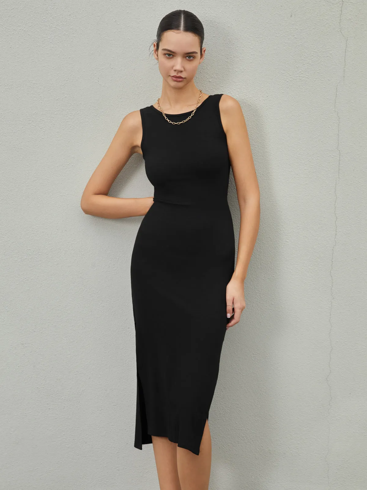 Solid Cutout Graceful Split Midi Dress