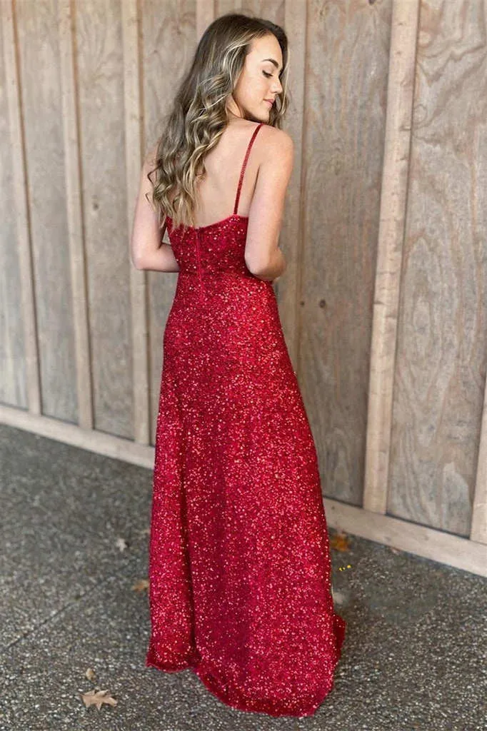 Spaghetti Straps Red Sequins Long Prom Dress