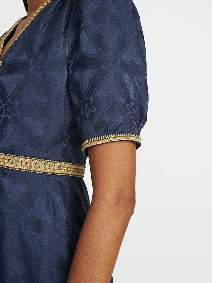 Tabitha Dress in Navy with Ornate Embroidery