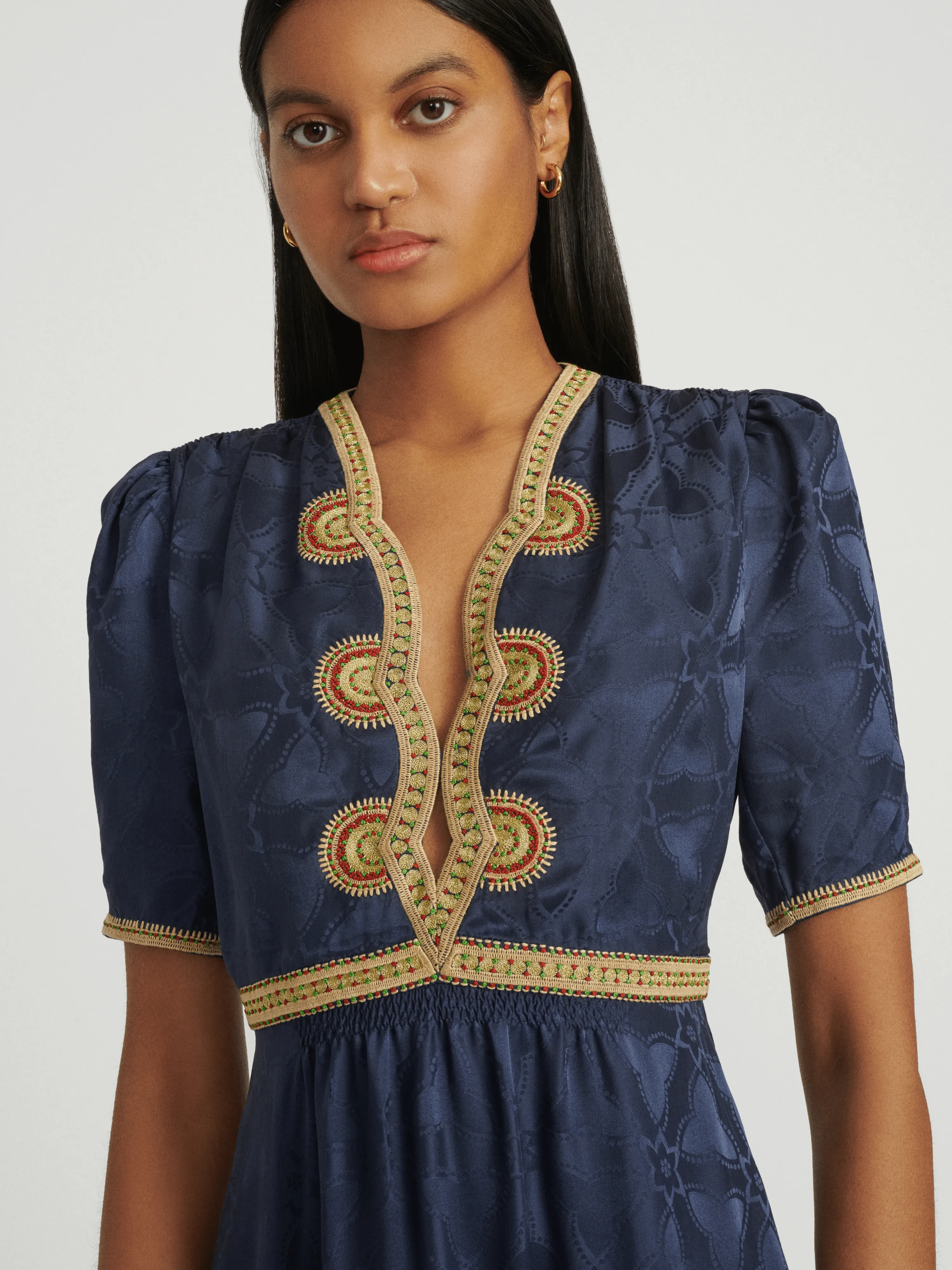 Tabitha Dress in Navy with Ornate Embroidery