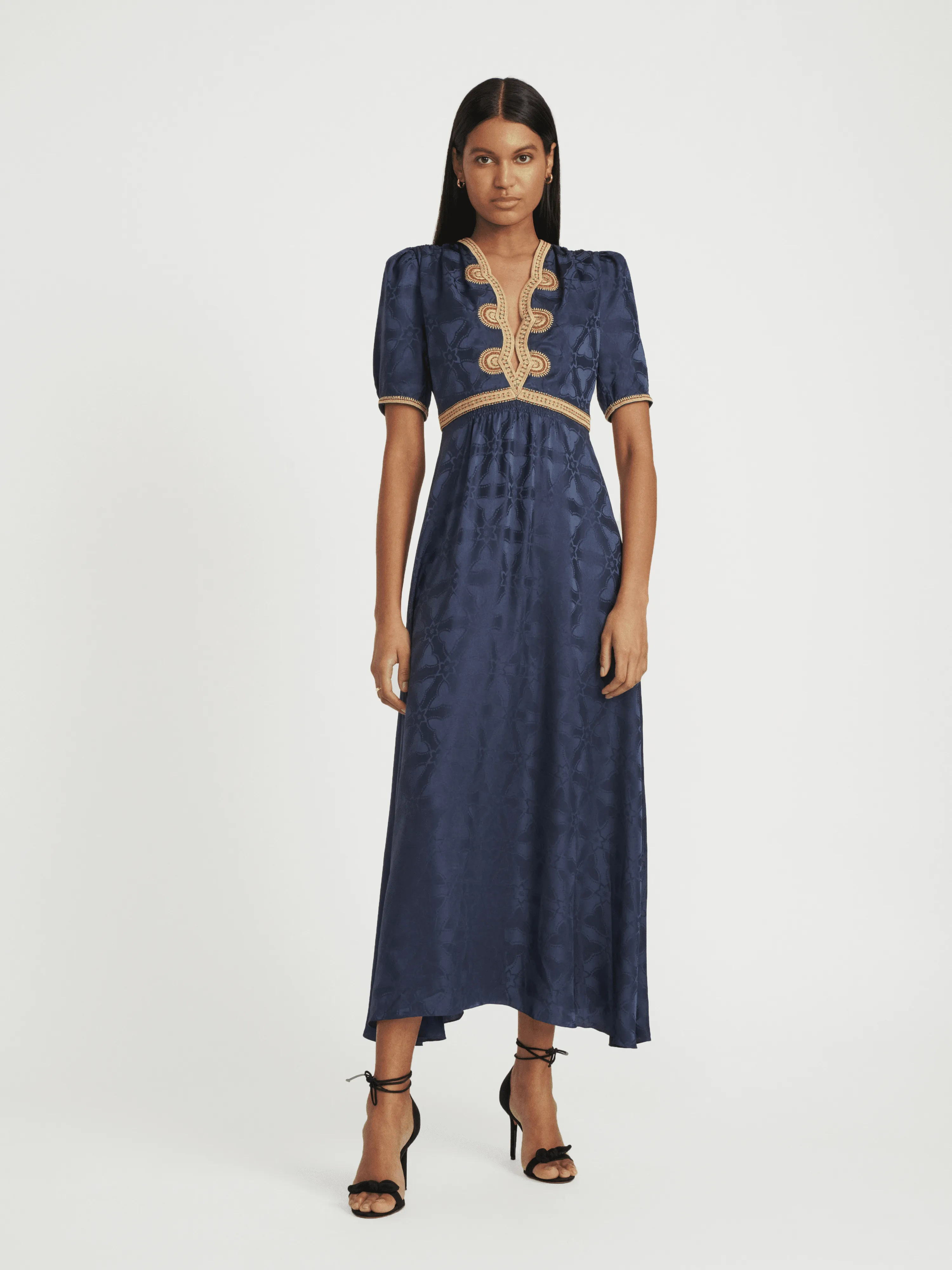 Tabitha Dress in Navy with Ornate Embroidery