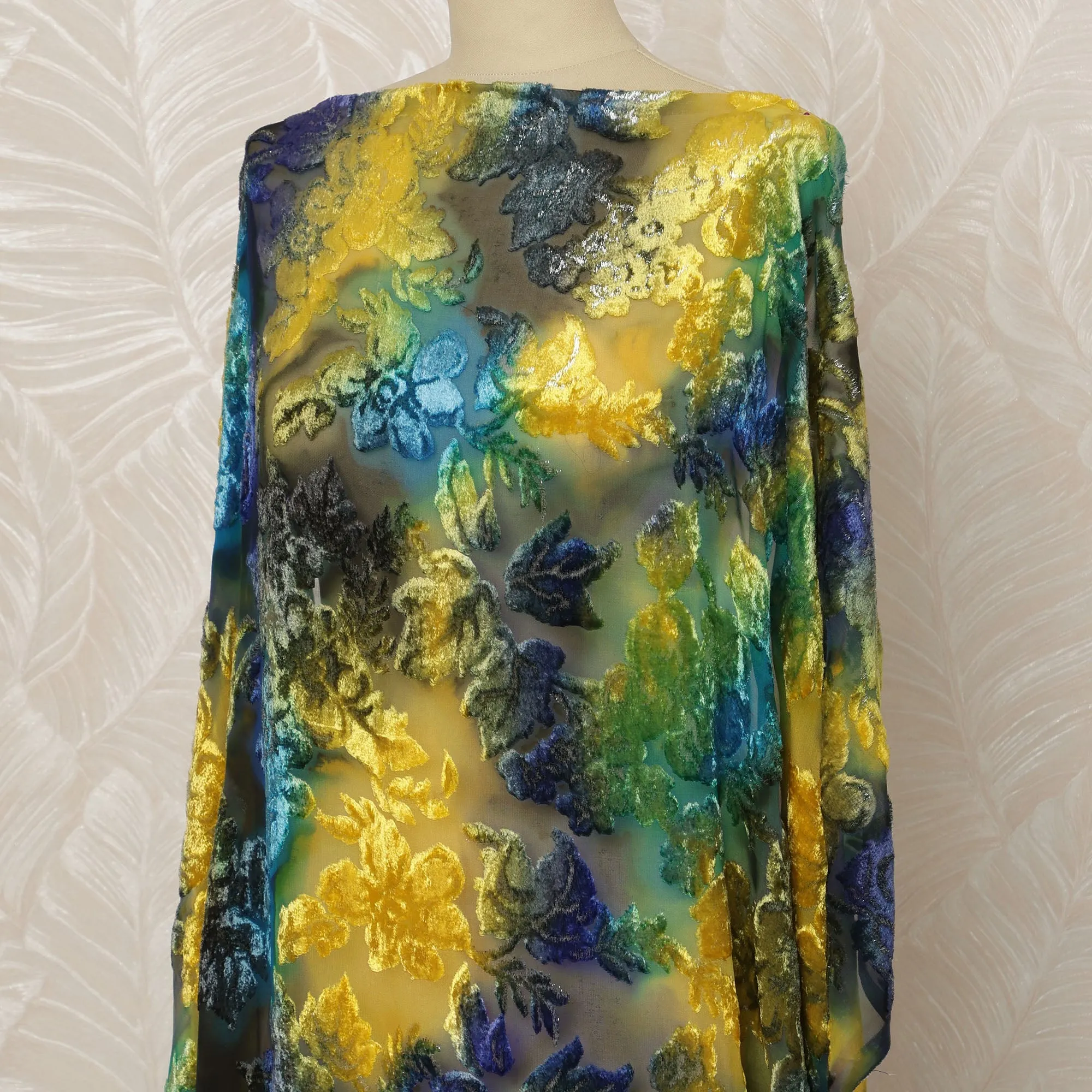 Traditional Somali Dirac Silk Blended Velvet Chiffon Fabric in Yellow and Blue with Floral Design, 3.5 Meters, 140 cm Width-D20614