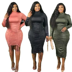 Trendy Fall Long Sleeve Elegant Turtleneck High Waist Draped Satin Dress