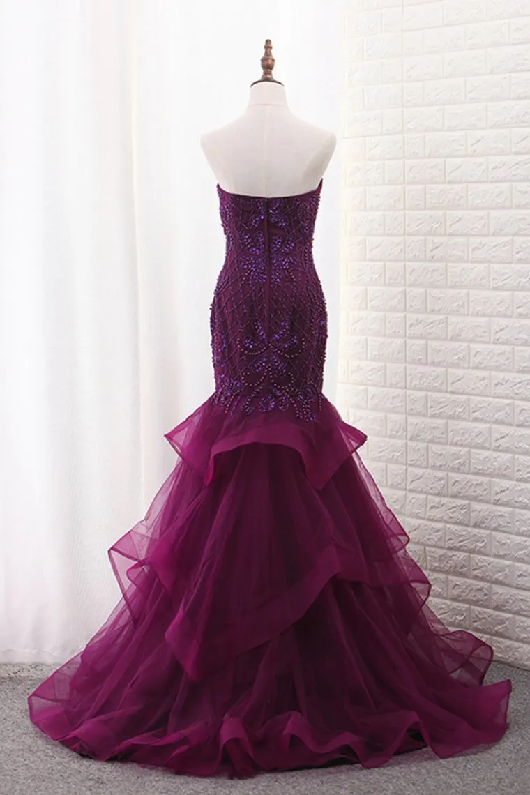 Tulle Mermaid Sweetheart Prom Dresses With Beading Sweep Train