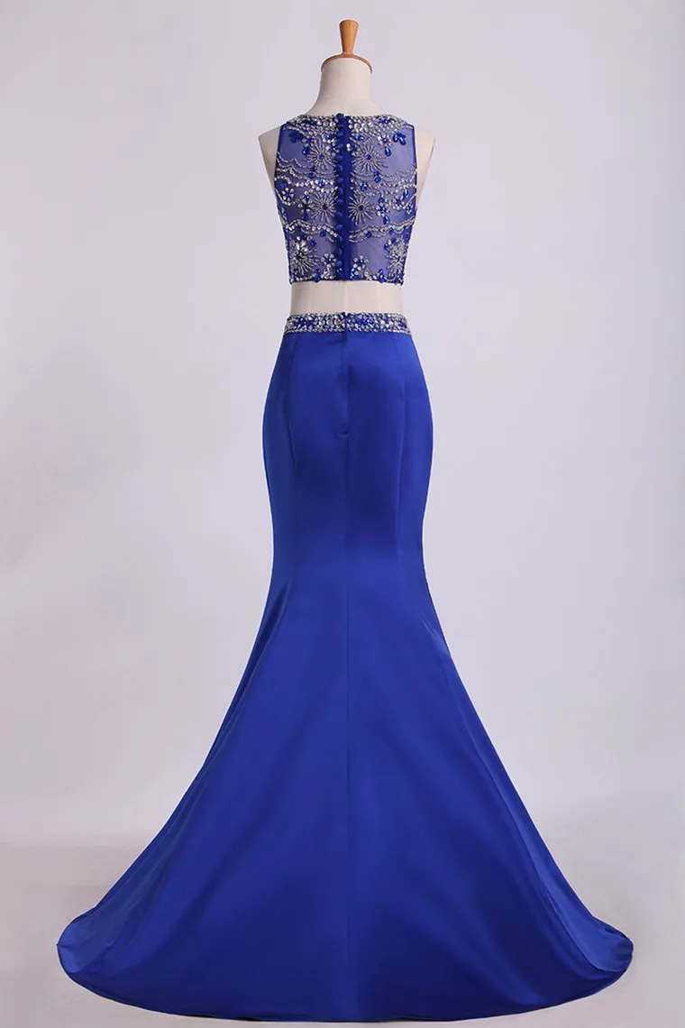 Two Pieces Mermaid Scoop Prom Dresses With Beading