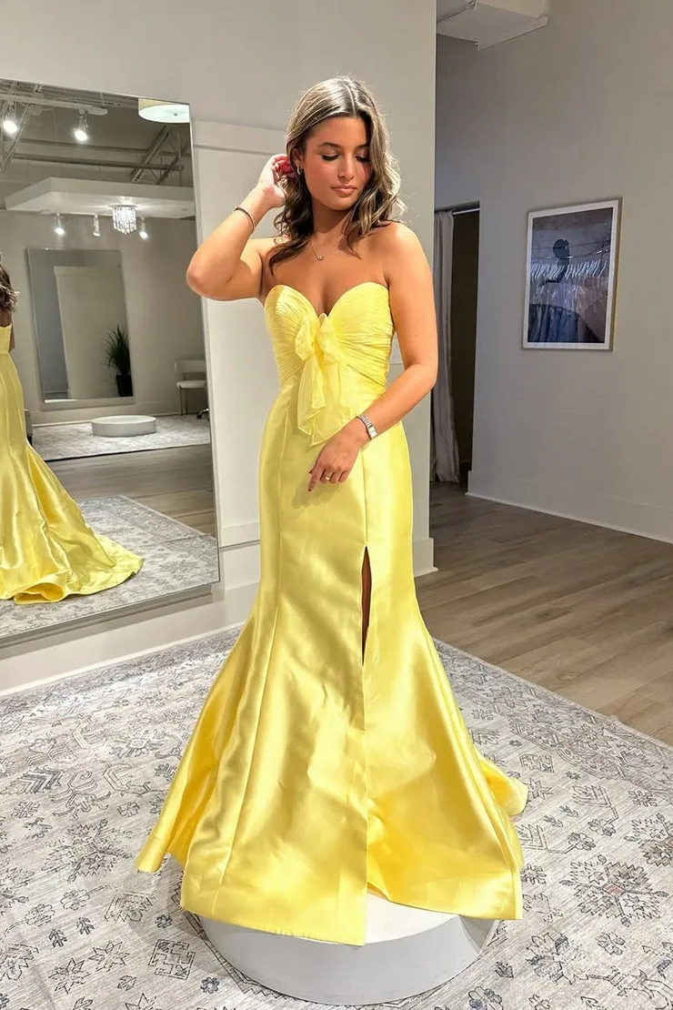 Yellow Mermaid Strapless Satin Slit Prom Dresses